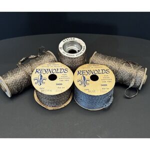 Vintage Reynolds Avalon Woven Edge Ribbon Yarn Tweed Chevron Brown Blue 5 Spools